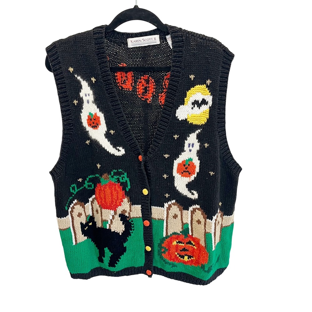 Vintage Karen Scott Halloween Sweater Vest Black Ghosts Pumpkins Cat Boo! Sz 2X